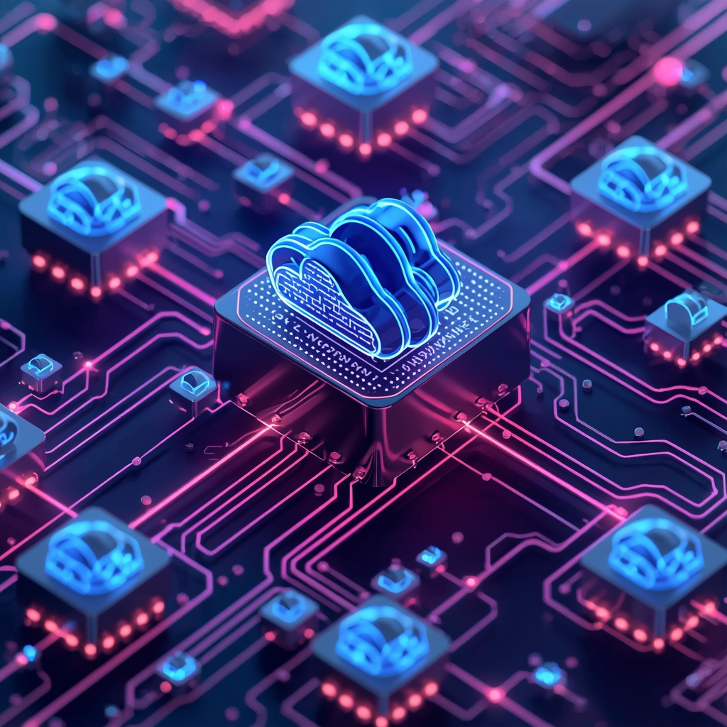 Abstract 3d visualization of cloud computing infrastructure, glowing data streams connecting floating metallic servers, neon blue and purple lights, high tech, highly detailed